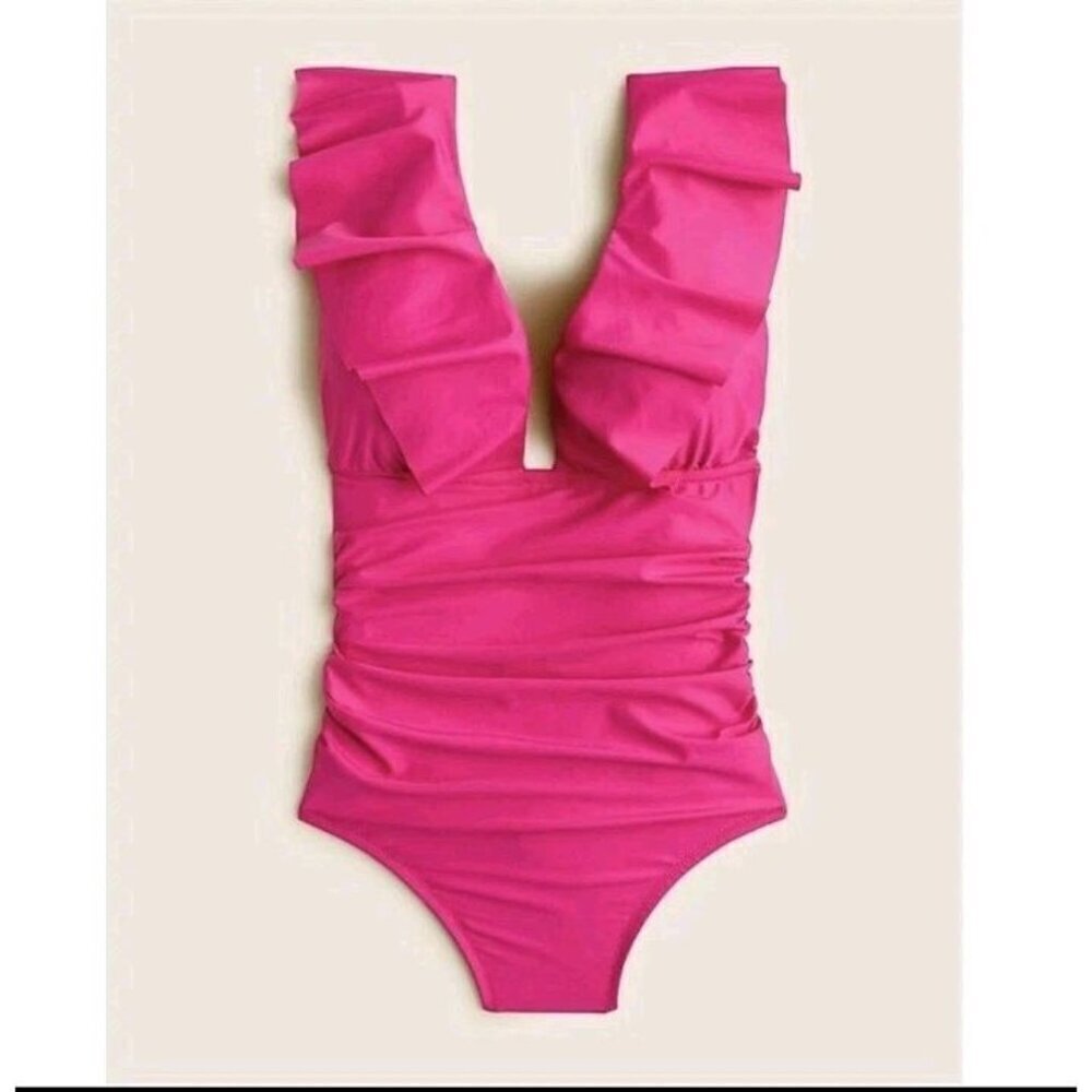 J. Crew Pink Fushia One Piece Swim Suit Ruched Ruffle V Neck Women's Size 6 (861